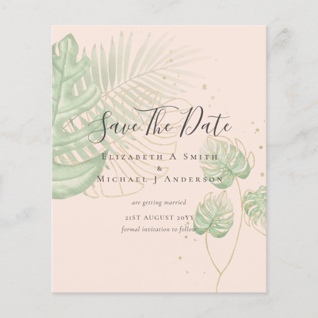 BUDGET Photo SAVE DATES Topical Leaves Gold Flyer (Front)