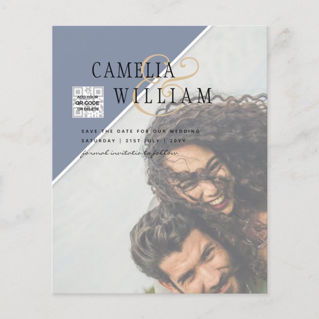 BUDGET Photo Save the Date BLUE QR Code RSVP Flyer (Front)