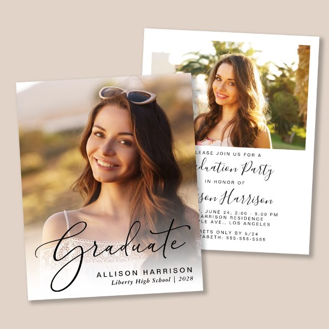 Budget Photo Script Graduation Party Invitation (An elegant photo graduation party invitation to celebrate the graduate's achievements)