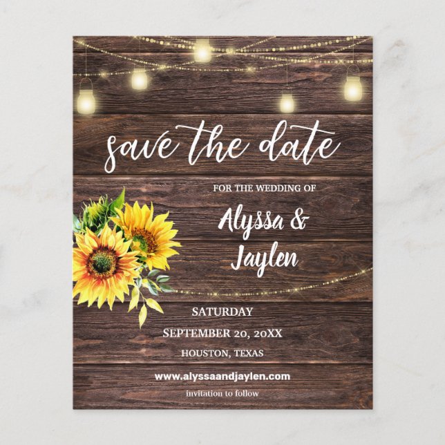 Budget Photo Sunflower Wood & Lights Save the Date (Front)
