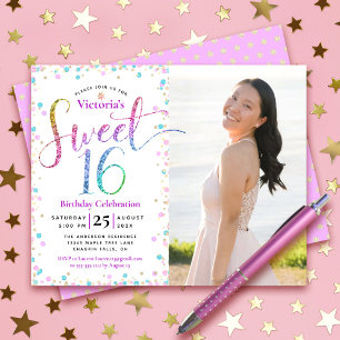 Budget Photo Sweet 16 Rainbow Glitter Dots Invite