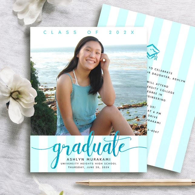 Budget photo turquoise script stripes grad invite (Creator Uploaded)