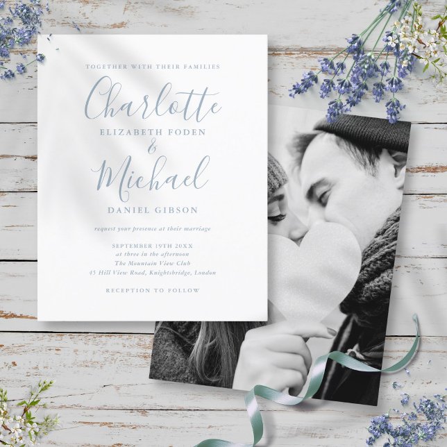 Budget Photo Wedding Dusty Blue Script Invitation (Budget Photo Wedding Dusty Blue Script Invitation)