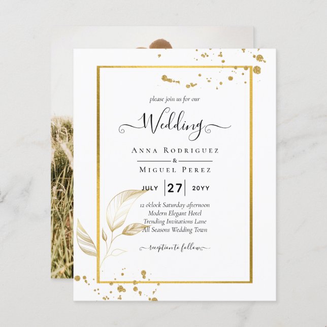 Budget Photo Wedding Invitation Classic White GOLD (Front/Back)