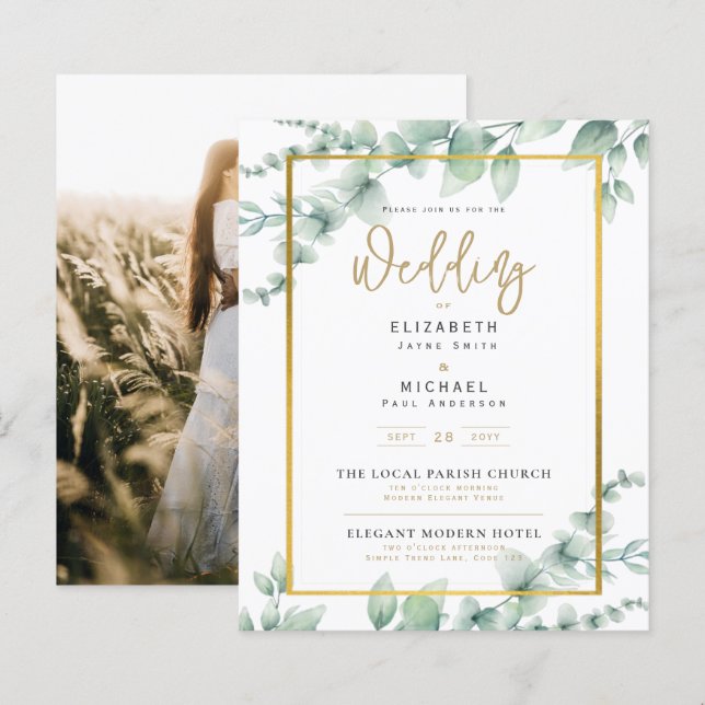 Budget Photo Wedding Invitation Rustic Botanical  (Front/Back)