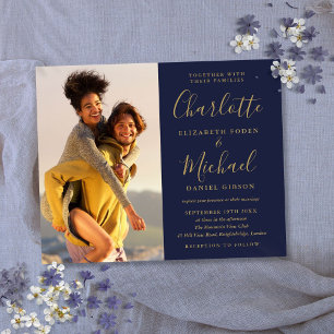 Budget Photo Wedding Navy Blue And Gold Invitation