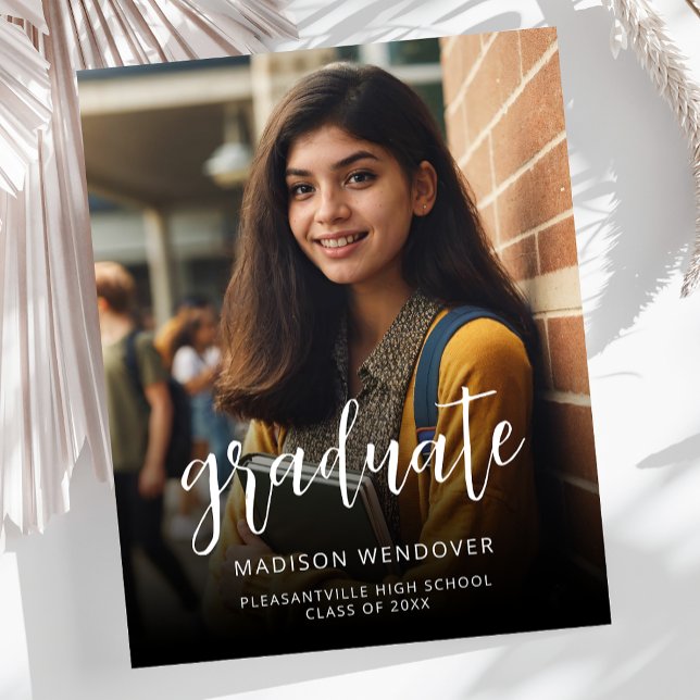 Budget Photo White Script Graduation Announcement (Creator Uploaded)