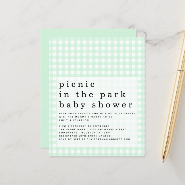 Budget Picnic Park Baby Shower Green Gingham  (Front/Back In Situ)