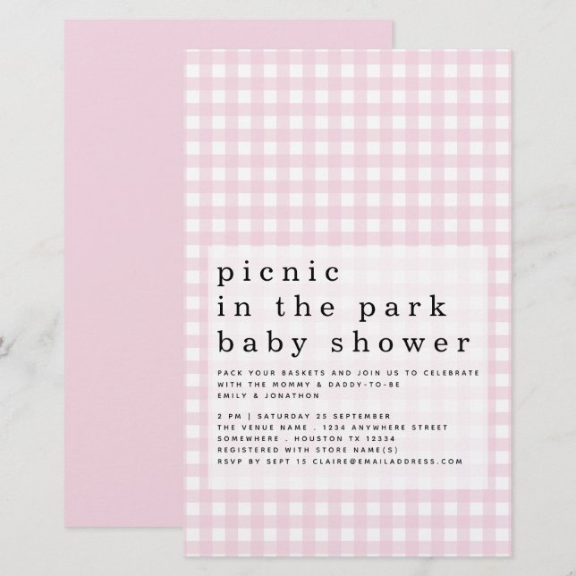 Budget Picnic Park Baby Shower Pink Gingham Invite (Front/Back)