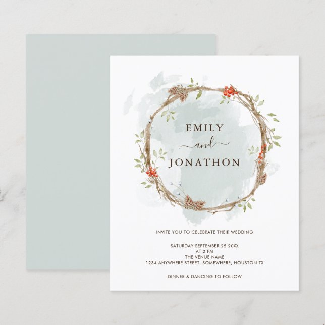 Budget Pine Berries Christmas Wedding Invitation (Front/Back)