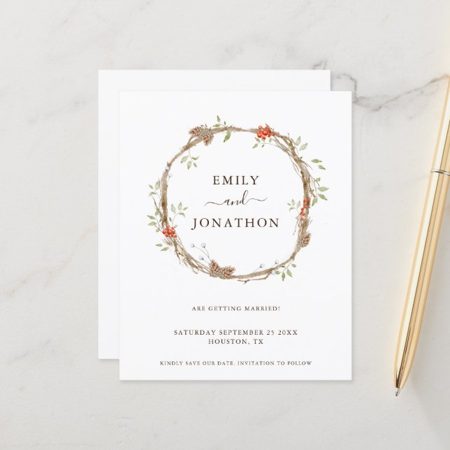 Budget Pine Berries Festive Wedding Save The Date (Front/Back In Situ)