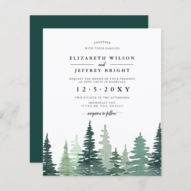 Budget Pine Forest Winter Wedding Invitation (Front/Back)