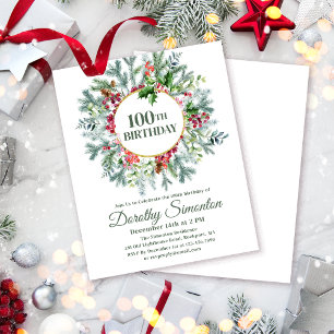 Budget Pine Holly Berry 100th Birthday Invitation