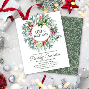 Budget Pine Holly Berry 100th Birthday Invitation