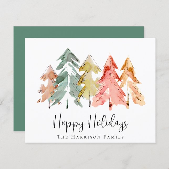 Budget Pine Tree Watercolors Sage Christmas Card (Front/Back)