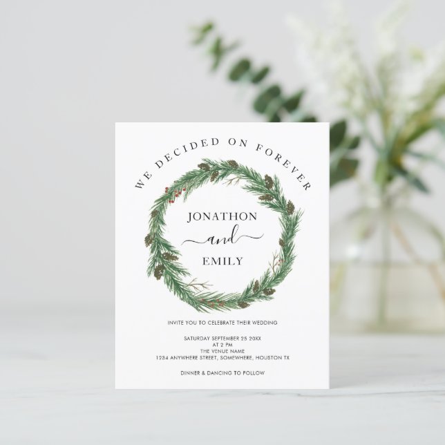 Budget Pine Wreath Christmas Wedding Invitation (Standing Front)