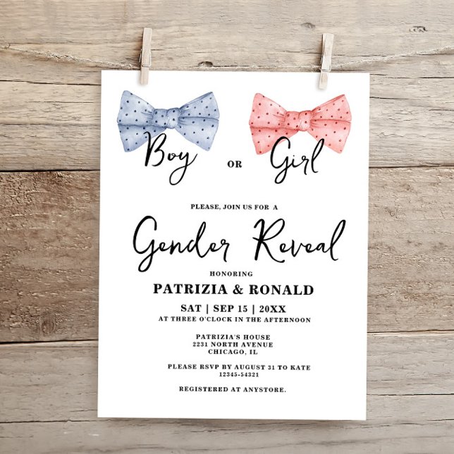 Budget Pink and Blue Bows Gender Reveal Party Card (Creator Uploaded)