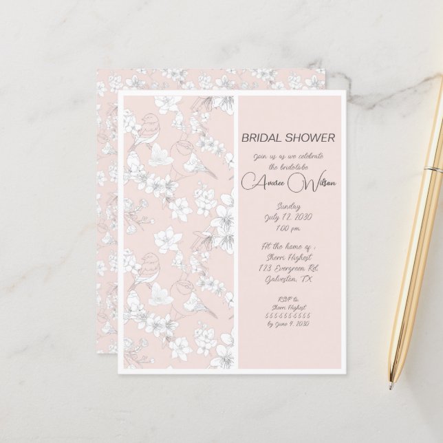 BUDGET Pink and White Birds Shower Invitation (Front/Back In Situ)