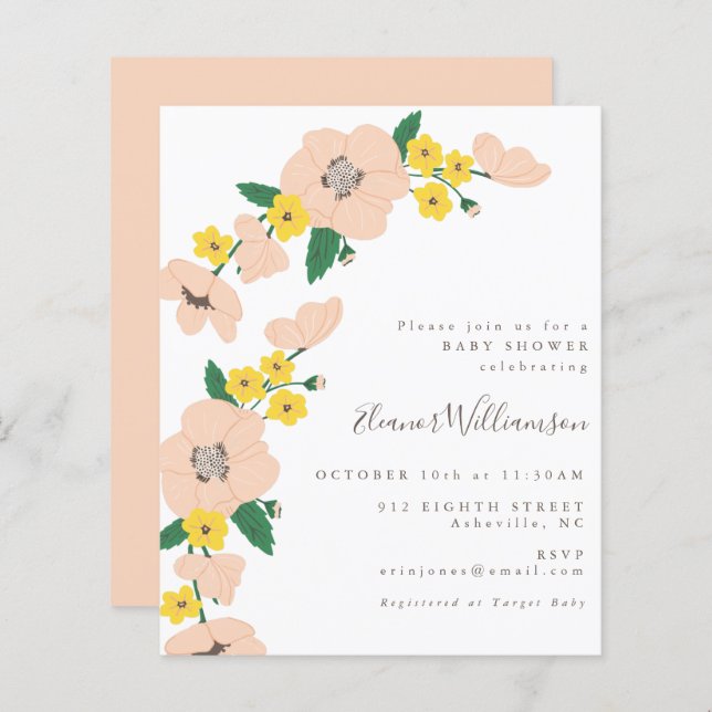 Budget Pink and Yellow Floral Baby Shower Invite (Front/Back)