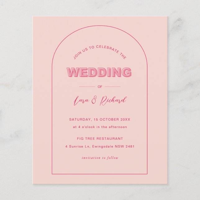 Budget Pink Arch Modern Bold Type Text Wedding Flyer (Front)