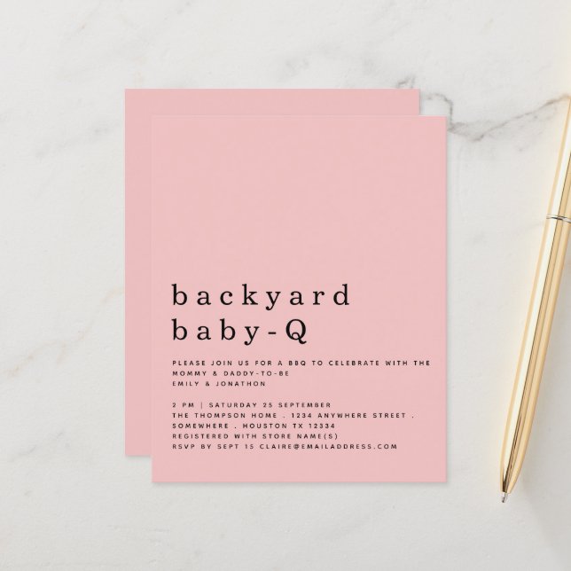 Budget Pink Backyard Baby Q BBQ Shower Invite (Front/Back In Situ)