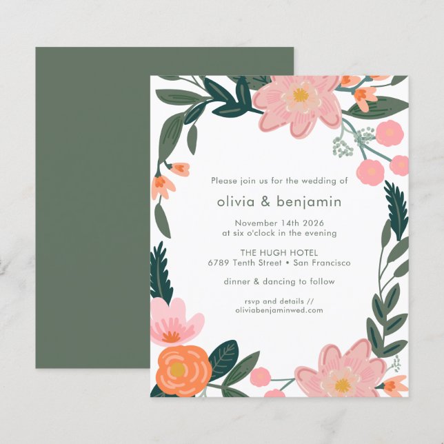 Budget Pink Backyard Garden Flowers Wedding Invite (Front/Back)