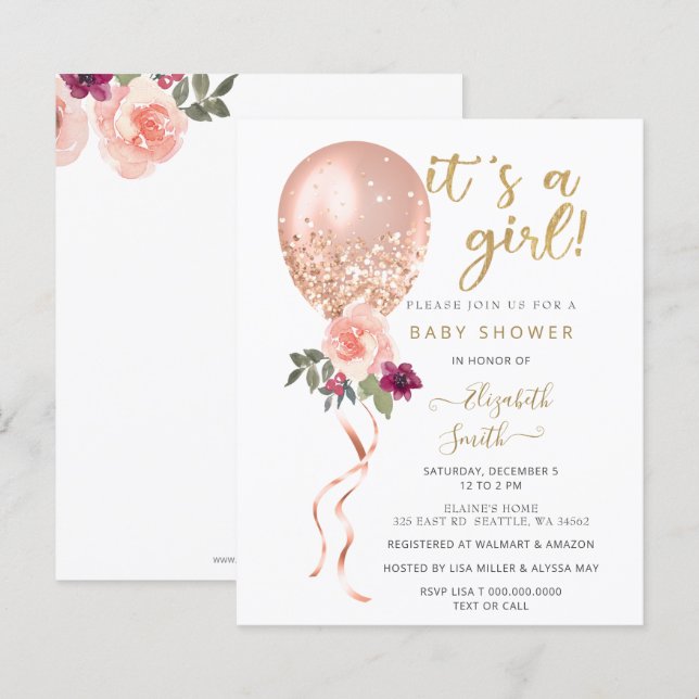 Budget Pink Balloon Girl Baby Shower Invitation (Front/Back)