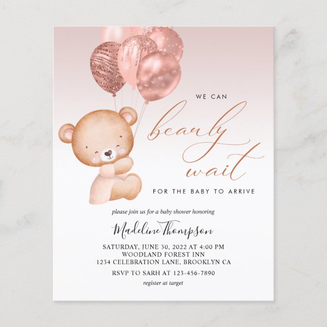 BUDGET Pink Balloon We Can Bearly Wait Baby Shower (Front)