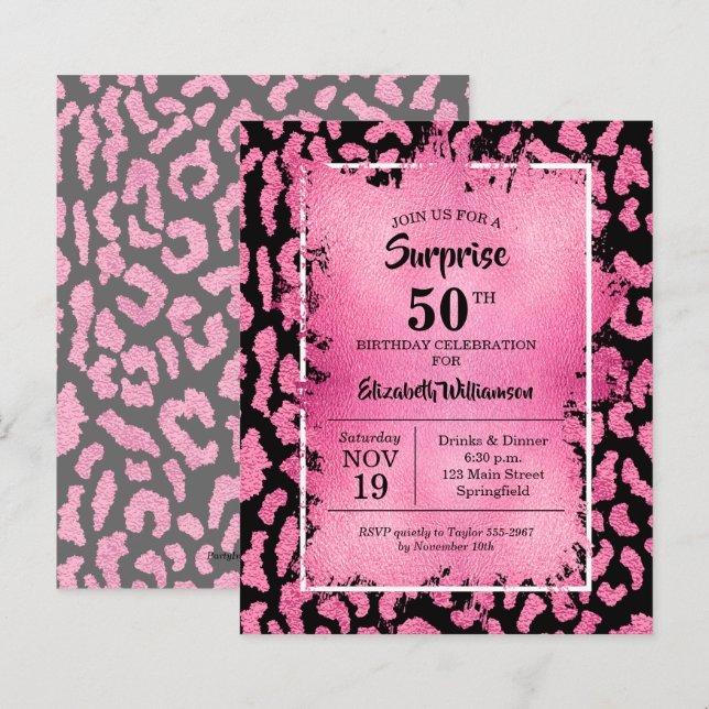 Budget Pink Black Leopard Birthday Invitations (Front/Back)