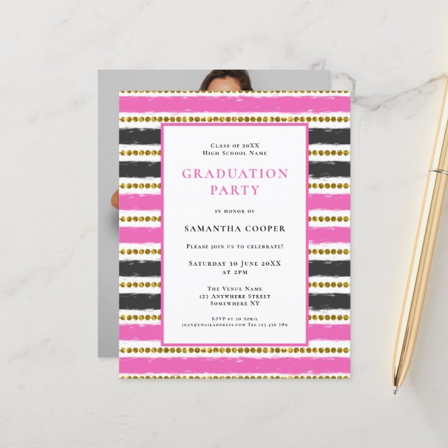 Budget Pink Black Stripe Graduation Invitation (Front/Back In Situ)
