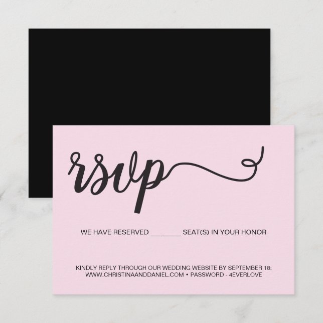 Budget Pink Black Wedding Website seats reserved  RSVP Card (Front/Back)