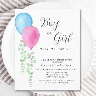 Budget Pink Blue Balloons Gender Reveal Invite