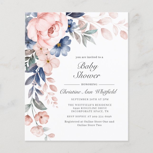 Budget Pink Blue Floral Baby Shower Invitation (Front)