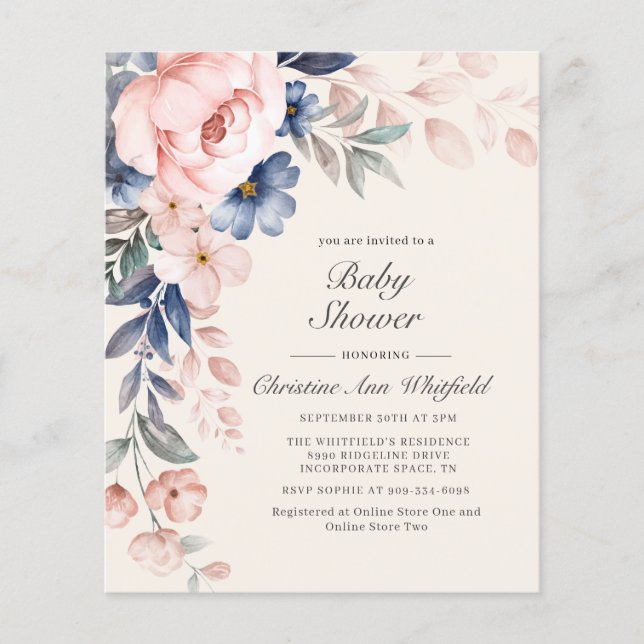 Budget Pink Blue Floral Baby Shower Invitation (Front)