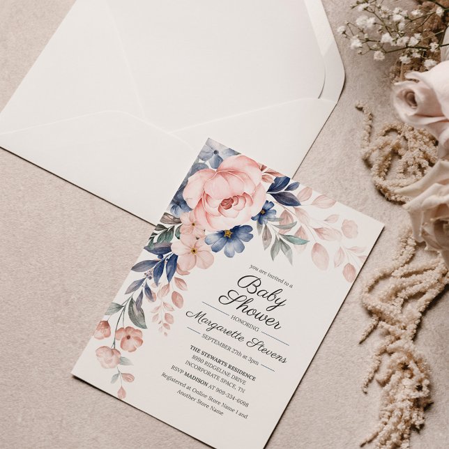 Budget Pink Blue Floral Baby Shower Invitation (Creator Uploaded)