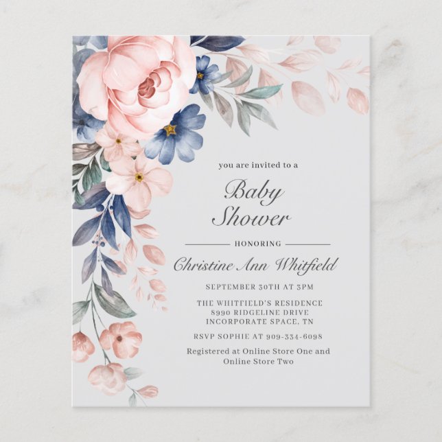 Budget Pink Blue Floral Baby Shower Invitation (Front)