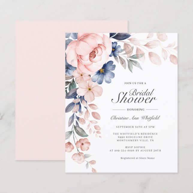 Budget Pink Blue Floral Bridal Shower Invitation (Front/Back)