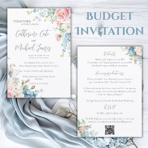 Budget Pink & Blue Floral Elegant Wedding Invitation