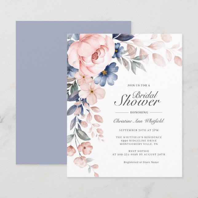 Budget Pink Blue Flowers Bridal Shower Invitation (Front/Back)