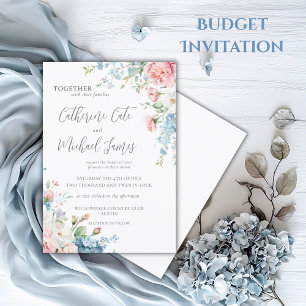 Budget Pink & Blue Watercolor Floral Wedding Invitation