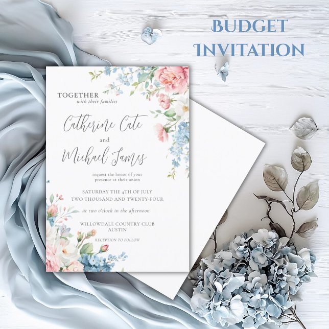 Budget Pink & Blue Watercolor Floral Wedding Invitation (Creator Uploaded)
