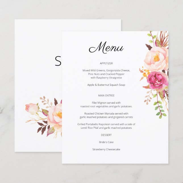 Budget Pink Blush Blooming Floral Menu- White (Front/Back)
