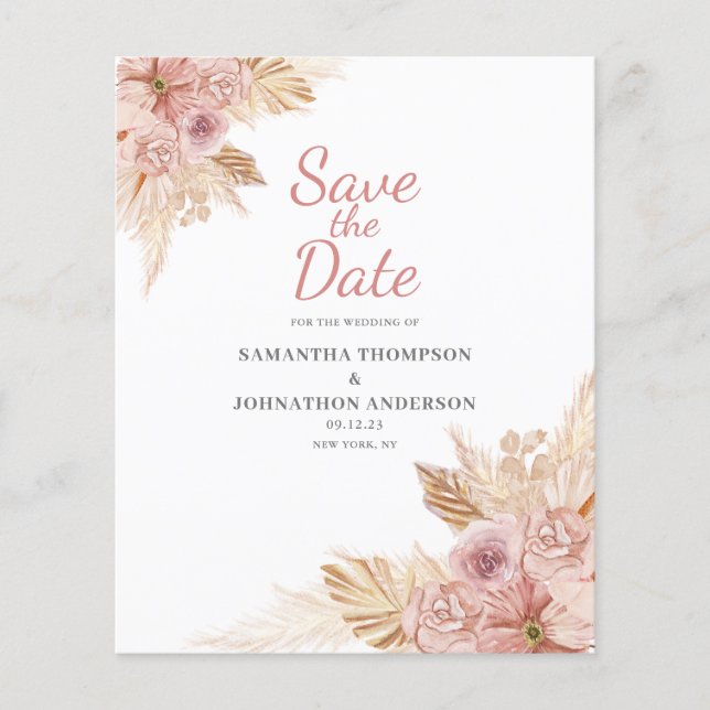 Budget Pink Boho Floral Save The Date Flyer (Front)