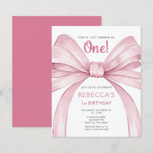 Budget Pink Bow Coquette First Birthday Invitation