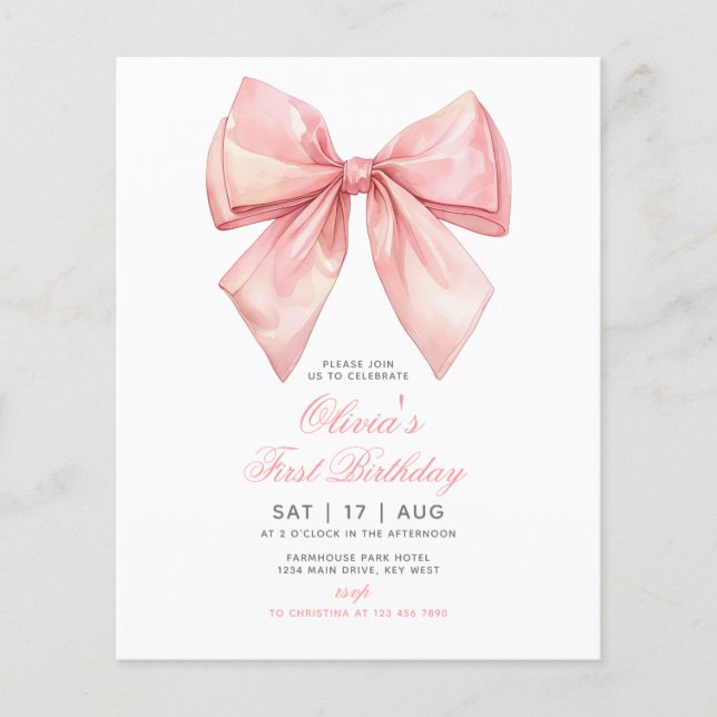 Budget Pink Bow Girl First Birthday Invitation (Front)
