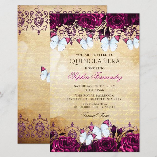Budget Pink Butterfly Quinceañera Invitation (Front/Back)