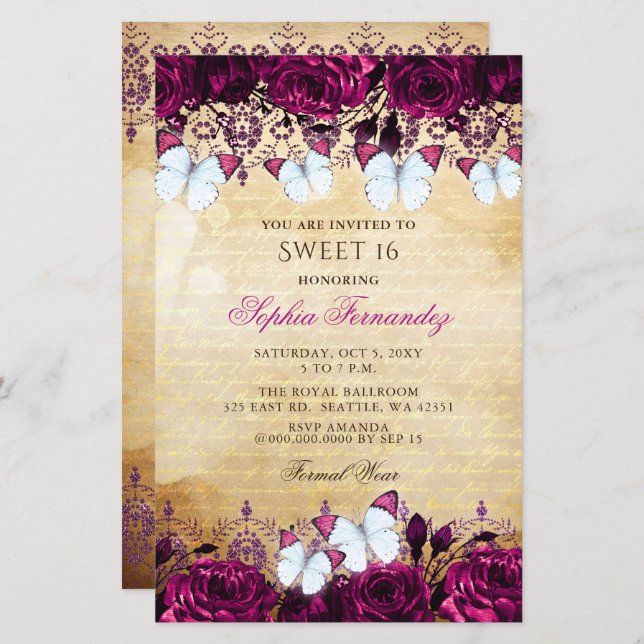 Budget Pink Butterfly Sweet 16 Invitation (Front/Back)