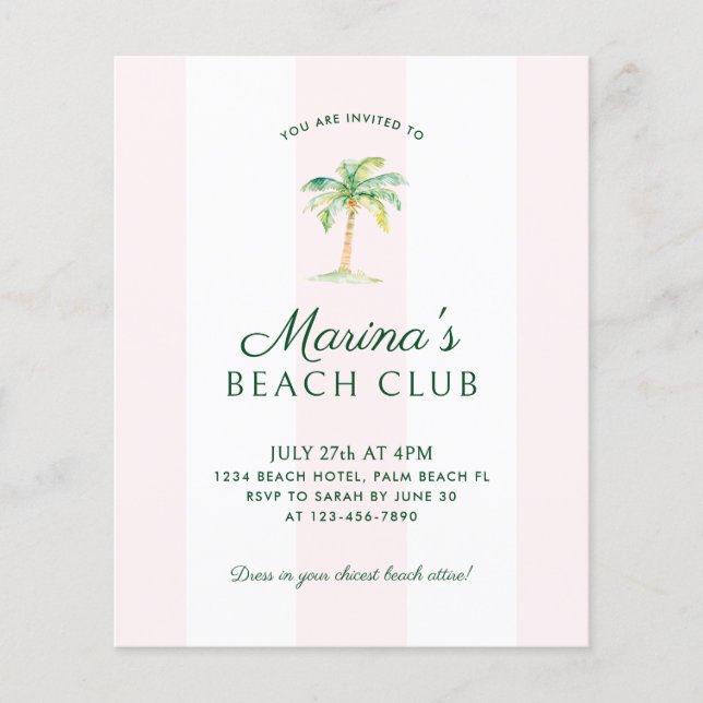 BUDGET Pink Cabana Stripe Beach Club Birthday (Front)