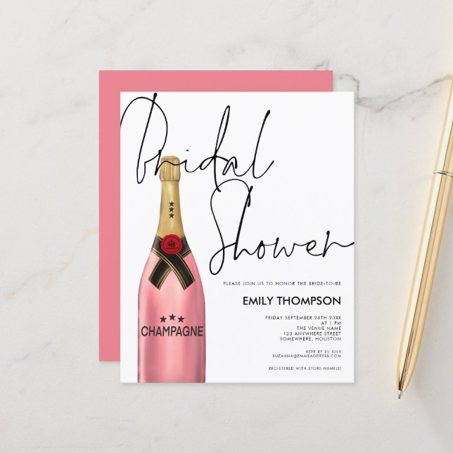Budget Pink Champagne Script White Bridal Shower (Front/Back In Situ)
