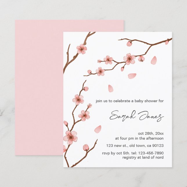 Budget Pink Cherry Blossom Baby Shower Invitation (Front/Back)